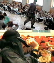 Chechnyan terror acts against Russia. Above: The 2004 massacre in Baslan. Below: The 2002 Moscow theater takeover. (From Newsweek)