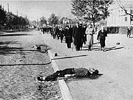 Jews on their way out of the city of Kiev to the Babi Yar ravine pass corpses in the street