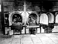Bones of anti-Nazi German women are visible in the crematoria in the concentration camp at Weimar, Germany. April 14, 1945