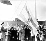 Moshe Sharet, Abba Eban & David Hacohen during the flag raising