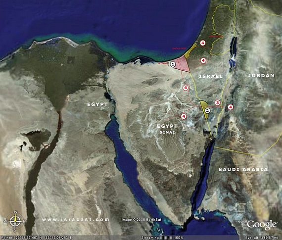 1. Egyptian land to be transferred to the Palestinians | 2. Israeli land to be transferred to Egypt | Israeli Highway/corridor to be transferred to Egypt | 4. Proposed highways