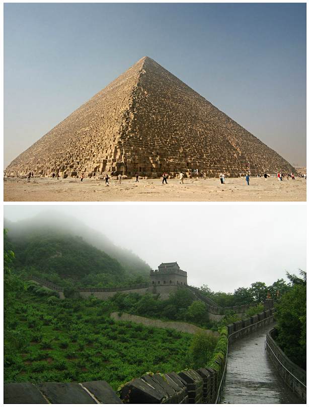 Kheops pyramid and part of the Great Wall of China