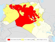 Territorial control of the ISIS in Syria and Iraq. Color indications: Red = area controlled by ISIS, Yellow = area claimed by ISIS, Beige = remainder of Syria and Iraq. (photo credit: SA 3.0)