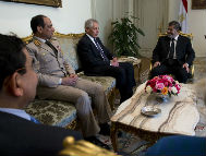 President Morsi (right) and General al-Sisi (left) with visiting U.S. Secretary of Defense Chuck Hagel (center) on April 24, 2013. Al-Sisi, later sanctioned the removal of Morsi. (photo credit: Secretary of Defense)
