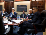 Obama meets with his National Security Staff to discuss the situation in Syria. From left at the table: National Security Advisor Susan E. Rice; Attorney General Eric Holder; Secretary of State John Kerry; and Vice President Joe Biden. (Official White House Photo by Pete Souza)